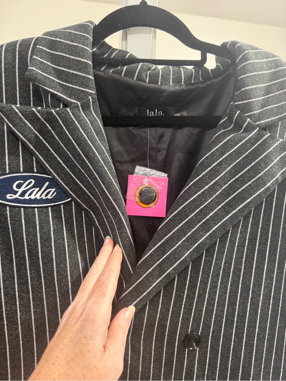 Dressed in Lala Long Pinstripe Coat with Yellow Star Elbow Detail - Women - Picture 4 of 10